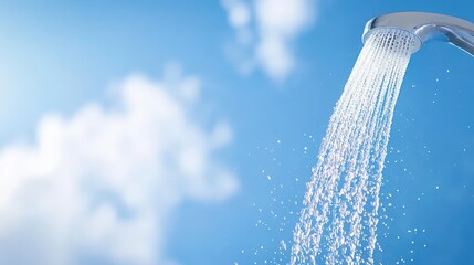 Poster - A close-up of water flowing from a faucet against a bright blue sky with fluffy clouds, symbolizing freshness and hydration.