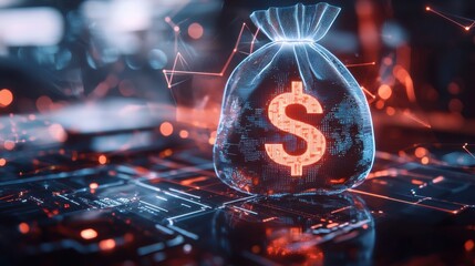 Poster - Dollar sign icon inside a money bag surrounded by digital finance and technology symbols on a dark background  Conceptual of financial growth investment and technological innovation