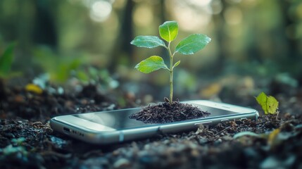 Poster - A fresh perspective of a smartphone in nature, with a sprouting plant growing from its screen, representing the intersection of technology and sustainability.
