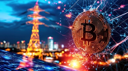 Poster - Glowing Bitcoin Symbol with Futuristic City Skyline at Night   Digital Currency Blockchain Finance and Technology Concept