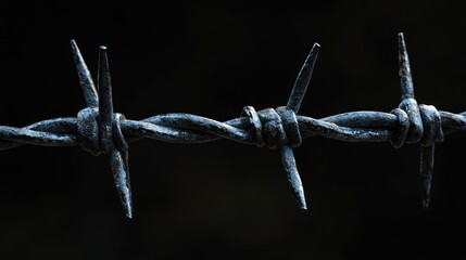 Aufkleber - A high-detail close-up of a black barbed wire strand, highlighting the sharp, jagged points, isolated on a black background to accentuate its texture.