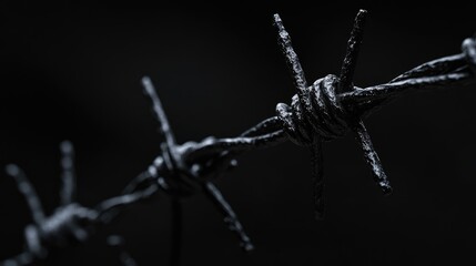 Aufkleber - A high-detail close-up of a black barbed wire strand, highlighting the sharp, jagged points, isolated on a black background to accentuate its texture.