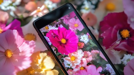 Poster - A lively smartphone screen with a rotating flower carousel, highlighting nature colors and the beauty of blooming petals.