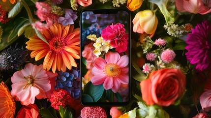 Poster - A lively smartphone screen with a rotating flower carousel, highlighting nature colors and the beauty of blooming petals.