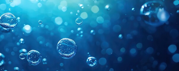 Poster - A serene underwater scene featuring shimmering bubbles suspended in a tranquil blue environment.