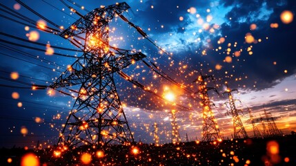 Poster - Dramatic explosion of colorful sparks and illumination against a backdrop of silhouetted power towers and transmission lines creating a dynamic