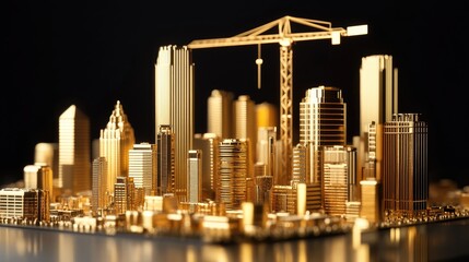 Aufkleber - A luxury cityscape miniature with golden skyscrapers and a construction crane, set against a black backdrop, representing high ambition and modern elegance.