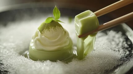 Poster - A macro shot of wagashi filled with liquid matcha cream, opening as chopsticks press it, revealing the intricate artistry and delicate texture of this Japanese treat.