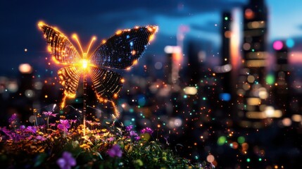 Poster - Breathtaking digital fantasy image of a glowing ethereal butterfly hovering above an illuminated neon lit cityscape at night  The butterfly s wings shimmer and radiate a mesmerizing magical light