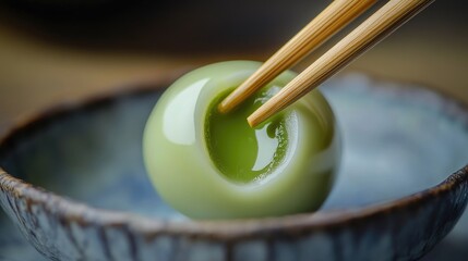 Poster - A macro shot of wagashi filled with liquid matcha cream, opening as chopsticks press it, revealing the intricate artistry and delicate texture of this Japanese treat.
