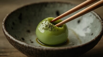 Poster - A macro shot of wagashi filled with liquid matcha cream, opening as chopsticks press it, revealing the intricate artistry and delicate texture of this Japanese treat.