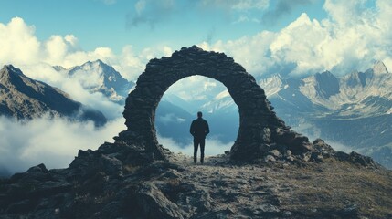 Poster - A man stands at the summit of a mountain, looking through an ancient stone archway, with a vast landscape of clouds and mountains, evoking a sense of achievement.