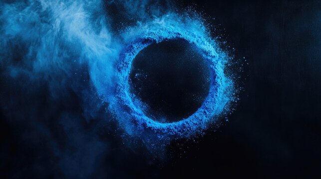 A minimalist abstract composition of vibrant blue powder forming a ring against a dark backdrop, creating a captivating and artistic visual.