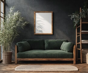 Poster - Cozy Living Room with Green Velvet Sofa and Dark Grey Wall in Scandinavian Style