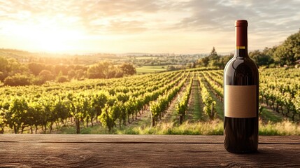 Poster - A mockup of a wine bottle displayed in front of a picturesque vineyard under the warm daylight, highlighting the connection between quality wine and its origins.