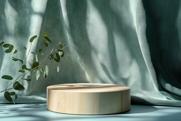 Aufkleber - Minimalist Wooden Pedestal Display with Green Fabric Backdrop and Shadows