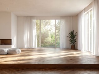 Poster - Modern Minimalist Interior with Large Windows and Wooden Flooring in Scandinavian Style