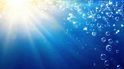 Poster - A serene underwater scene with sunlight streaming through water, illuminating bubbles rising in a tranquil blue environment.