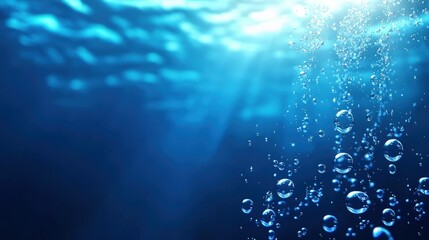 Poster - A serene underwater scene featuring bubbles rising through clear blue water, illuminated by soft light from above.