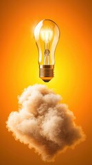 Poster - Glowing lightbulb symbolizing a bright idea innovation and creative ignited against an ethereal cloud like backdrop in warm fiery tones  Concept of innovation intelligence ambition