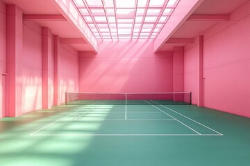 Aufkleber - Tennis Court Interior with Pastel Pink Walls and Mint Green Floor in Photorealistic Style