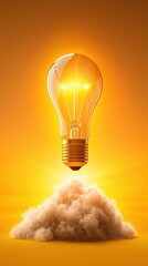Poster - Glowing incandescent lightbulb hovering above a wisp of clouds representing innovation creativity and The bright luminous bulb symbolizes a brilliant new idea a spark of innovation