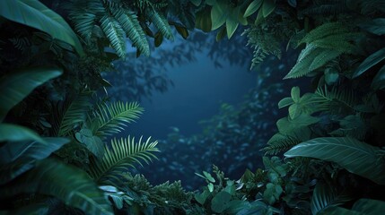 Aufkleber - A natural frame made of lush green foliage, surrounding a dark blue, mysterious backdrop, evoking the beauty and mystery of the forest.