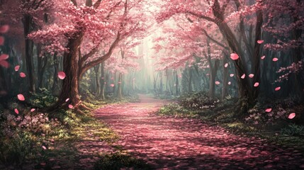 Aufkleber - A peaceful forest scene where cherry blossoms fall from the trees, covering the path with delicate pink petals, creating a serene atmosphere.