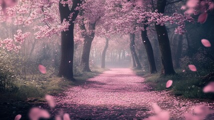 Aufkleber - A peaceful forest scene where cherry blossoms fall from the trees, covering the path with delicate pink petals, creating a serene atmosphere.
