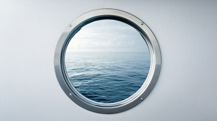 Poster - A porthole window on a luxury yacht reveals calm ocean waters, creating a serene atmosphere framed against a crisp, white background.