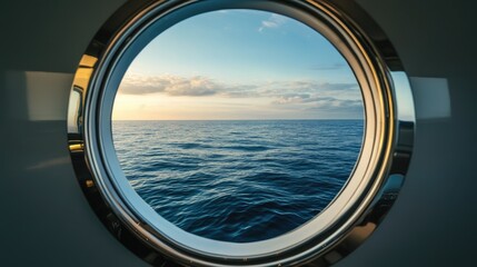Poster - A porthole window on a luxury yacht reveals calm ocean waters, creating a serene atmosphere framed against a crisp, white background.