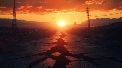 Aufkleber - A powerful image of the ground splitting open due to an earthquake, with deep fissures visible as the sunset casts an eerie glow on the scene.