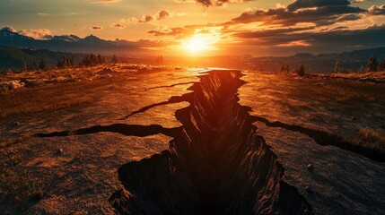 Aufkleber - A powerful image of the ground splitting open due to an earthquake, with deep fissures visible as the sunset casts an eerie glow on the scene.