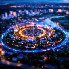 Poster - Futuristic night cityscape with a glowing circular hub skyscrapers and dynamic transportation infrastructure  Digital visualization of a smart