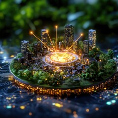 Poster - Breathtaking futuristic cityscape with towering skyscrapers and a glowing luminous urban landscape in a surreal fantastical setting  The image showcases a visionary innovative