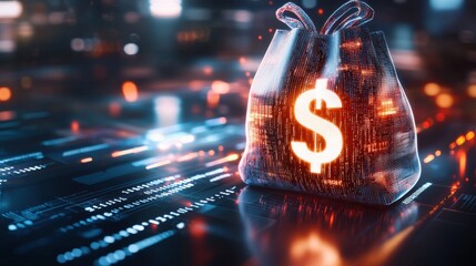 Poster - Dynamic Dollar Symbol Illuminated Amid Scrolling Financial Data Analytics and Technological Elements on Dark Background Representing the Concepts of Money Finance Business and Digital Innovation