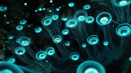 Poster - Glowing blue jellyfish like objects illuminate a dark background