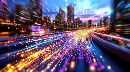 Poster - Abstract blurred motion and vibrant light trails in a dynamic urban nightscape creating a mesmerizing futuristic and otherworldly visual effect  The image evokes a sense of speed energy