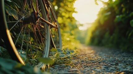 Aufkleber - A rustic close-up of a rusty bicycle wheel on a gravel path, framed by lush greenery and the soft, golden light of a late afternoon sun.