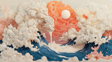 Poster - Ethereal and dramatic seascape scenery with a vibrant sunset swirling clouds and crashing waves against a turbulent ocean backdrop  The image evokes a sense of energy movement and the power of nature