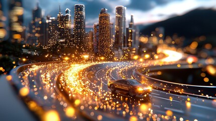Poster - dazzling cityscape of glowing high rise skyscrapers and bustling roads at night in a modern thriving