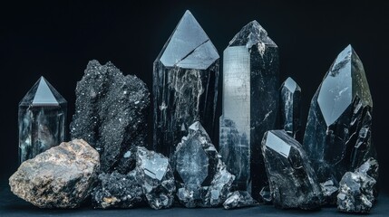 Poster - A series of black obsidian crystals with varying textures and forms, isolated on a dark backdrop, capturing their intricate, natural beauty and powerful presence.