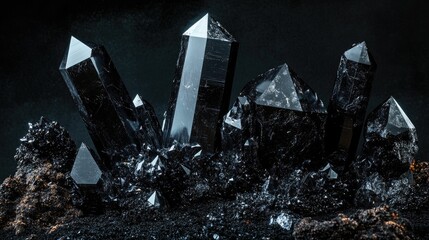 Poster - A series of black obsidian crystals with varying textures and forms, isolated on a dark backdrop, capturing their intricate, natural beauty and powerful presence.