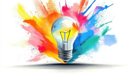 Poster - Vibrant and dynamic digital art showcasing a glowing light bulb surrounded by a colorful paint splash symbolizing creativity innovation