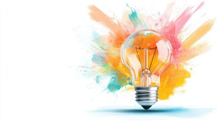 Poster - Vibrant Representation of Innovative Ideas and Creative Thinking Symbolized by a Glowing Light Bulb with a Colorful Splash of Abstract Paints in the Background