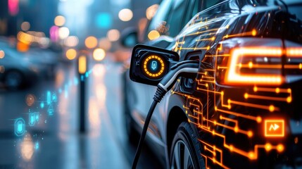 Poster - futuristic electric car charging at an illuminated high tech city street charging station featuring 