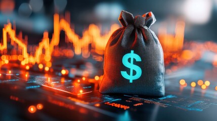 Poster - Glowing money bag with dollar sign on a complex financial data chart and graph background symbolizing profitable investment growing wealth and successful financial strategies