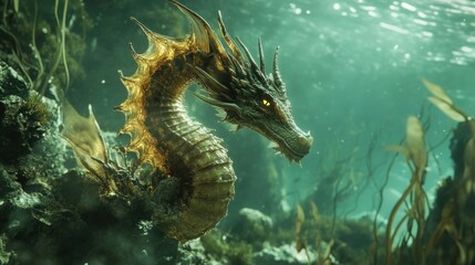 Wall Mural - A sea dragon swims underwater near aquatic plants and rocks