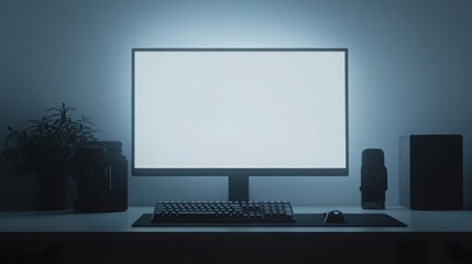 Poster - A computer setup features keyboard monitor speakers and other items