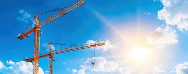 Poster - Two yellow cranes stand against a bright blue sky, with the sun shining, symbolizing construction and development.